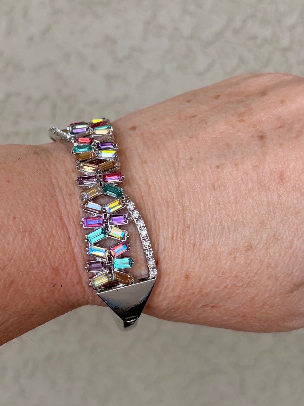 Multicolor Crystal Rectangle Silver Tone Hinged Bracelet